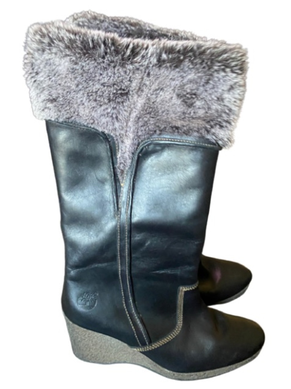 Timberland Black Leather Wedge Boots with Faux Fur Cuff Size 8.5